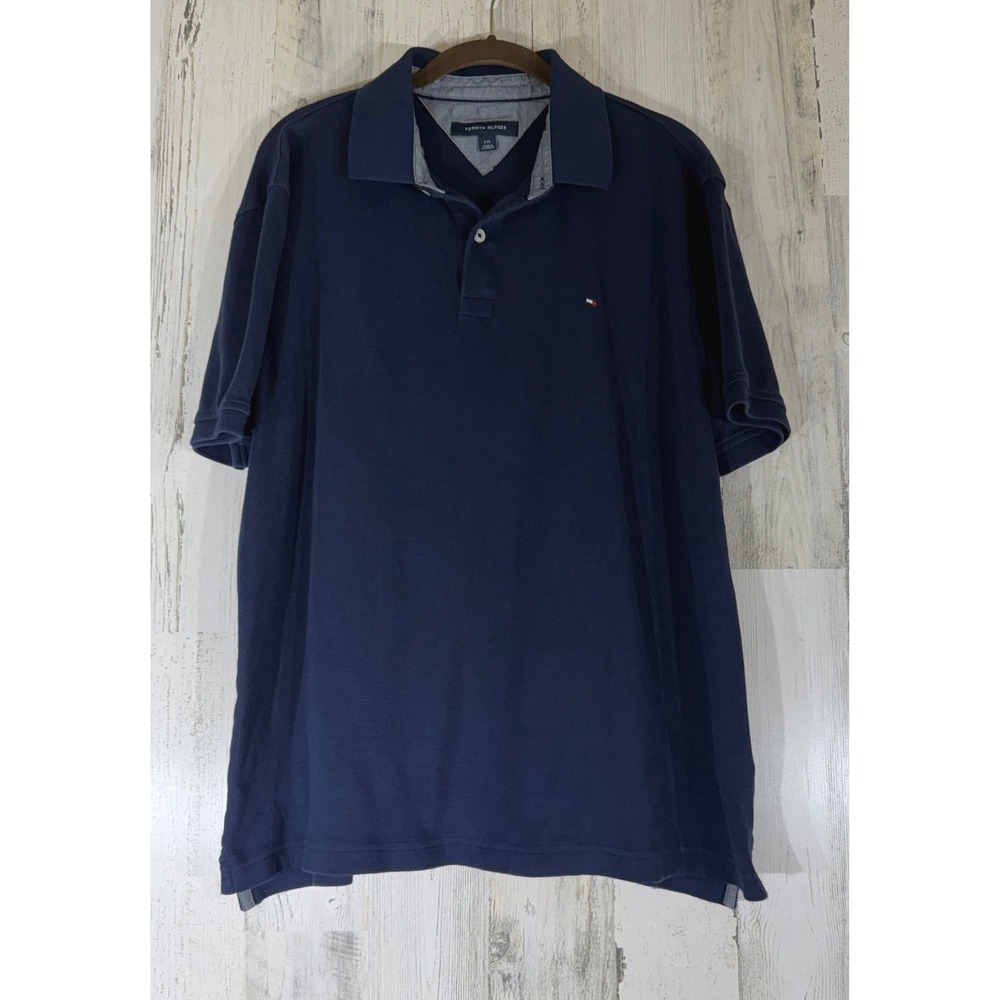 Tommy Hilfiger Polo Shirt Large Navy Pique Cotton Nautical Minimalist Preppy